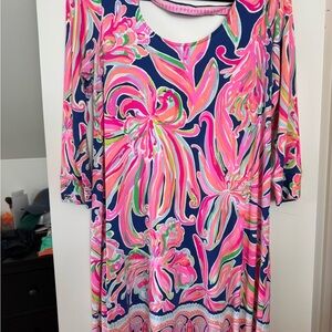 Lilly Pulitzer Navy Dress with Hot Pink Floral Emma Dress Banana Flambé Print